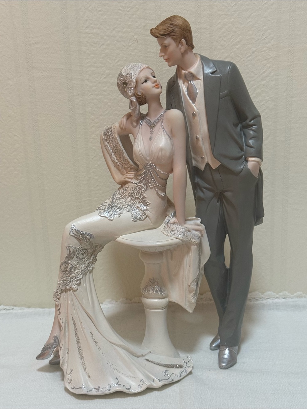 Elegant Porcelain Couple Figurine - Ivory & Gray